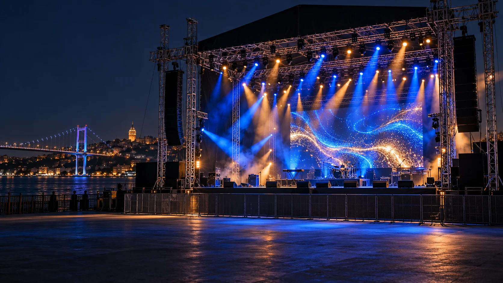 Konser Organizasyonları için gece mavisi ve altın tonlarında etkinlik konsepti